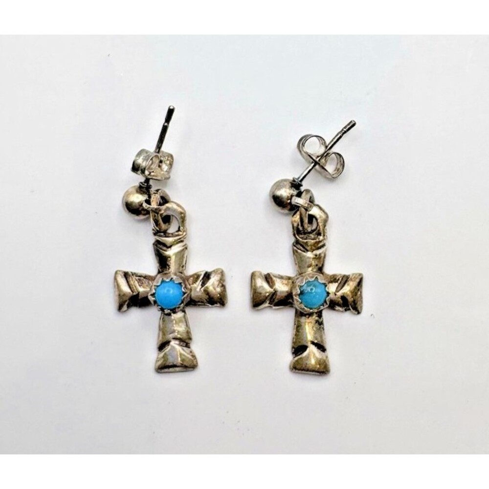 Vintage Sterling Silver Native American Turquoise Cross Earrings Not Polished